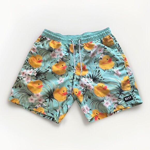 Neff Board Shorts Swim Trunks Mens Small Surf Aqua Drawstring Yellow Ducky - Picture 1 of 8